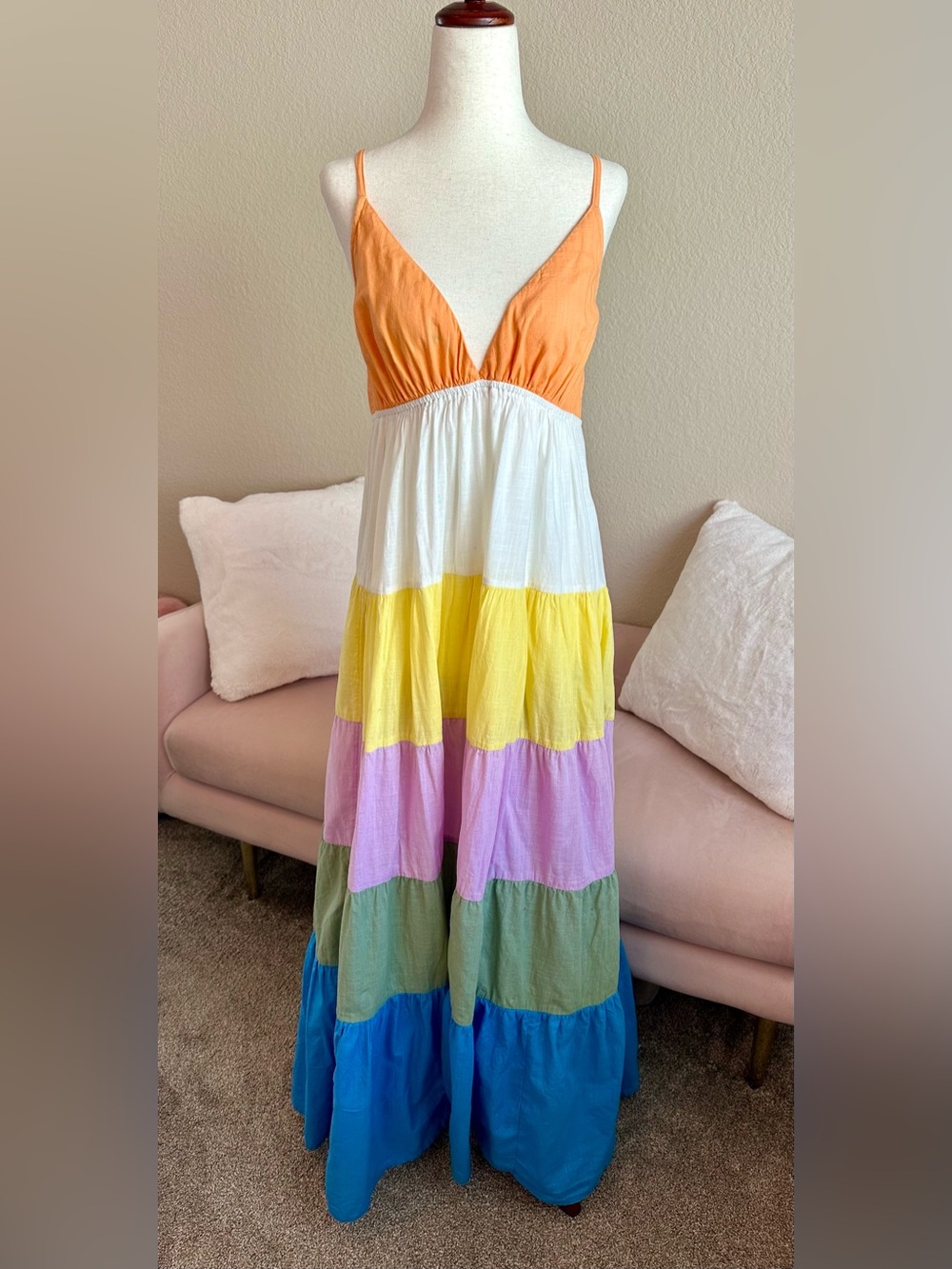 Roxy Honolulu Glow Maxi Dress Cotton Tiered Open-Back Beach Rainbow Womens Small